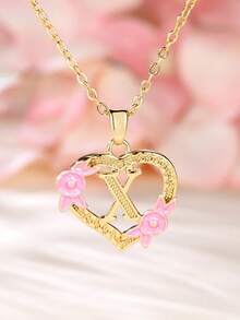 Tsnamer 1 件精美立方氧化锆字母项链，心形雕刻，包含 26 个 A-Z 字母和花朵，适合女性日常佩戴。 - 金黃色+粉 - 查看 33