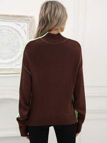 Women's Contrast Color Pocket Ribbed Knit Sweater, Casual Wear For Autumn/Winter - Green - View 3