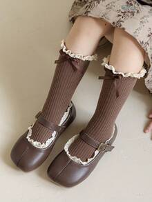 1/2 Pairs Girls' Soft Knit Ribbed Lace Trim Bow Tie Knee High Socks, Versatile For Casual, Party, School, Vacation, All Seasons, Children Gift