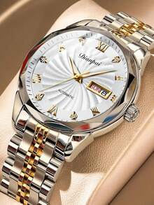 Reloj mecánico automático completamente para hombre de la marca Dianpai, con correa de acero inoxidable durable, calendario dual y luz nocturna - Regalo para el Día de San Valentín