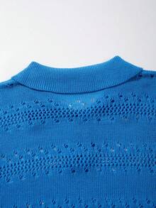 ANDREILEE Men's Casual Loose Hollow Breathable Vacation Style Polo Collar Pullover Short Sleeve Knit Top, Spring & Summer - Blue - View 5