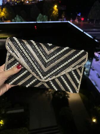 Bolso de sobre de lujo elegante y exquisito de 23*13*0.5cm con decoración de cadena de cristales y perlas falsas, ideal para fiestas, bodas, bailes de graduación y cenas/banquetes. Un regalo perfecto para mujeres, damas y novias.