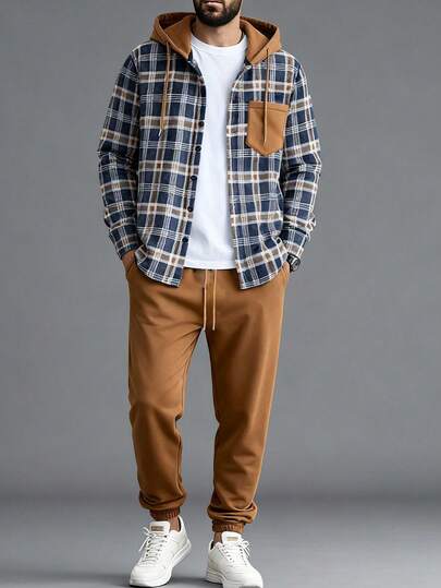加大码男士复古拼接棕色格子纽扣设计单口袋连帽两件套，休闲日常穿着，通勤，居家，秋冬新款