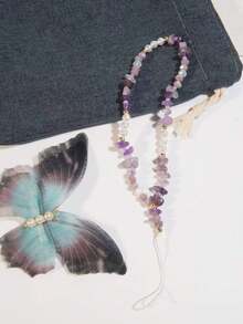 1pc Unique Purple Crystal Beaded Phone Lanyard, Short Faux Pearl Phone Case Charm, Holiday Gift - Multicolor - View 5