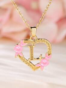 Tsnamer 1 件精美立方氧化锆字母项链，心形雕刻，包含 26 个 A-Z 字母和花朵，适合女性日常佩戴。 - 金黃色+粉 - 查看 23