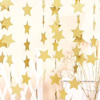 2 Pieces Of Glitter Star Garland Banner,Golden Hanging Banner, Suitable For Weddings,Birthdays,Festivals,Graduation Balls, Made Of Paper Materials,For Party Decoration. Star Decoration, Party Banner