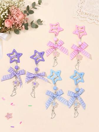 6个星形蝴蝶结发夹，适合女孩，花朵/珠子/格子蝴蝶结BB发夹，Y2K风格发夹，可爱甜美按扣发夹，格子发夹，青少年发饰
