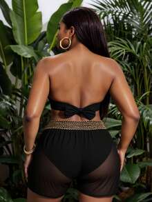 Slaydiva Plus Size Women's Sexy Beach Vacation Style Contrast Trim Sheer Cover-Up Shorts - Black - View 3
