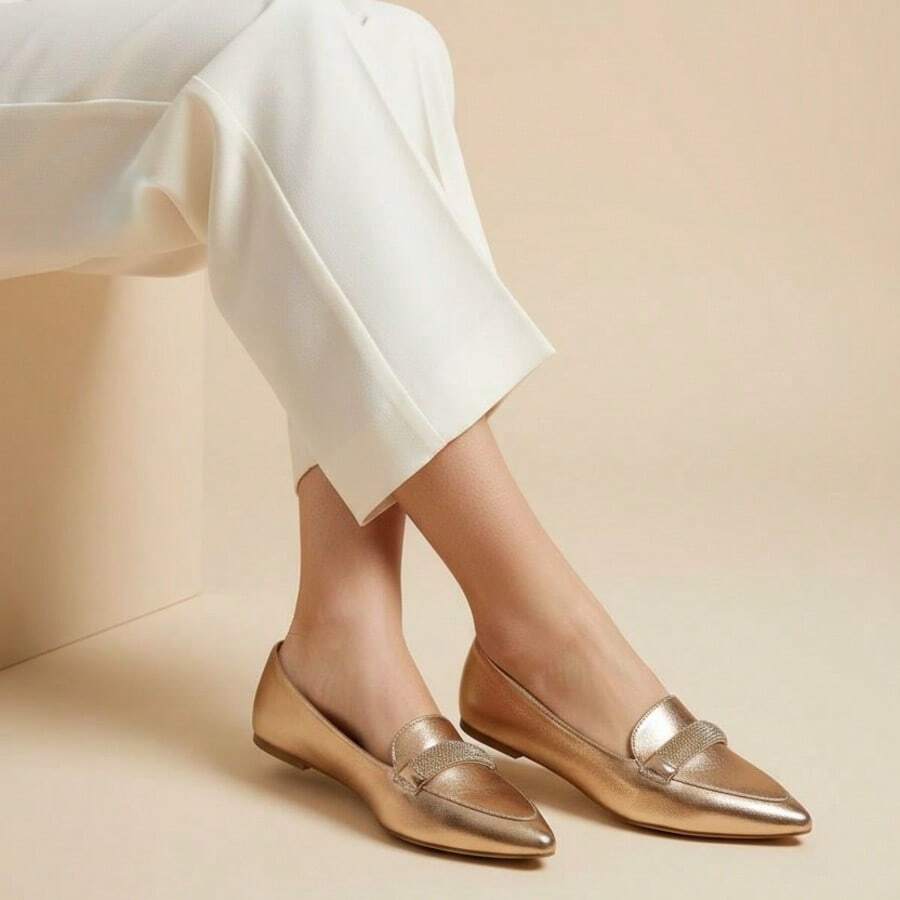 Women's Moccasin Flats With Rhinestone Pointed Toe Comfort - Rose Gold - View 1