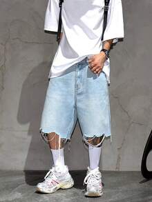 男士破洞牛仔短裤，宽松休闲及膝百慕大短裤 - 淺色水洗藍 - 查看 4