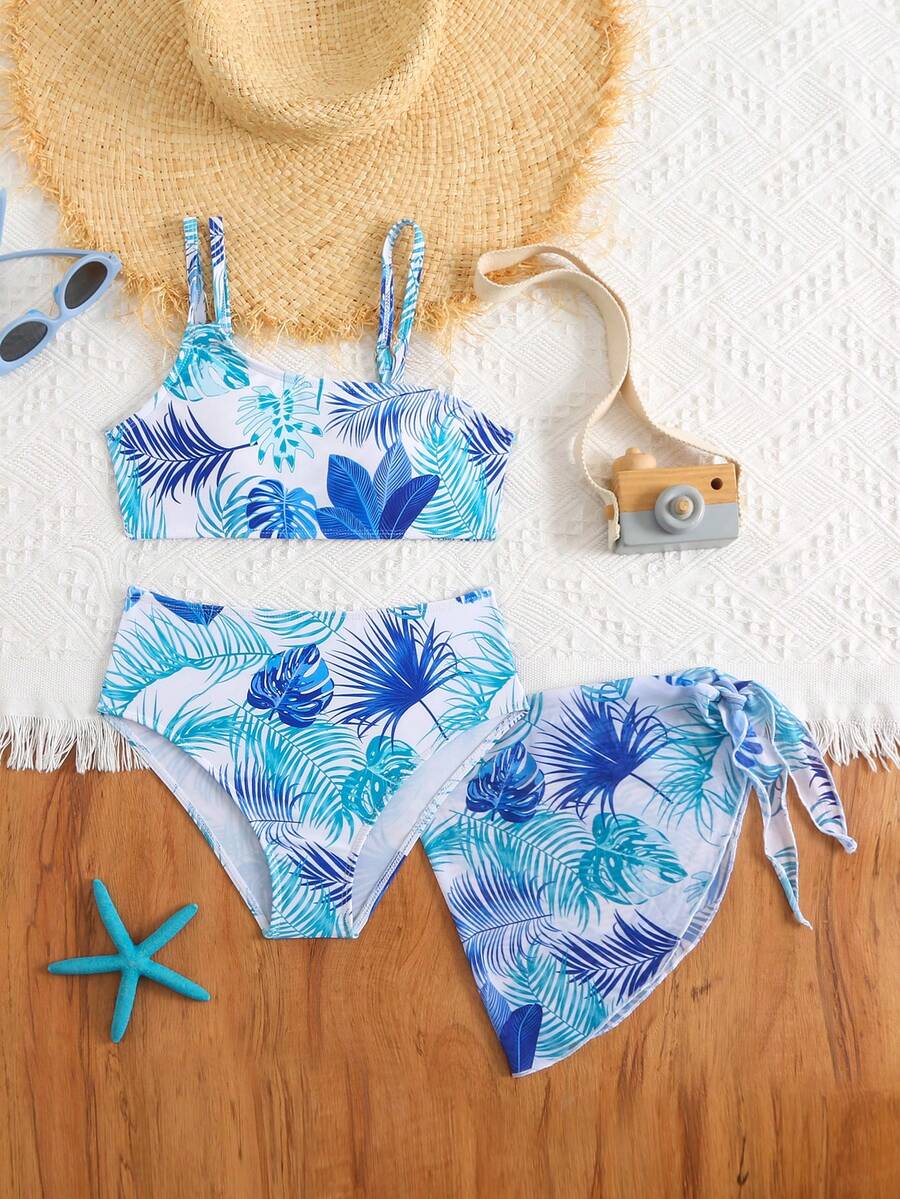 Bộ đồ bơi Tankini 3 mảnh họa tiết hoa lá xanh thanh lịch cho bé gái, từ 8-12 tuổi - Màu xanh lam - Xem 1