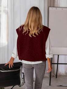 Women's Casual Loose Solid Color Fuzzy Sleeveless Cardigan Knit Sweater, Autumn/Winter - Burgundy - View 6