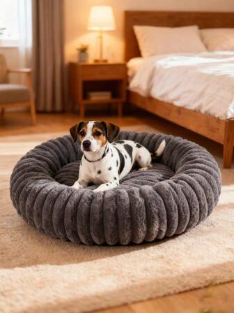  1 pieza Cojín de cama para mascotas HUITAIYANG, Nido redondo para perros, Alfombra de cama para perros, Nido redondo de felpa larga para perros en otoño/invierno, Nido para gatos, Cama para gatos, Nido redondo para gatos, Nido redondo rayado para mascotas, Cama redonda de felpa para otoño/invierno, Casa cómoda y cálida para perros, Cama para perros en gris, caqui, rosa