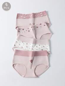 4条装女士高腰印花纯棉三角裤，弹性透气内裤 - 彩色 - 查看 3