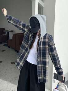 女式复古连帽格子衬衫，新款宽松休闲风格衬衫夹克 - 藏蓝色 - 查看 3