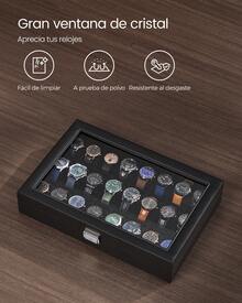 SONGMICS Caja de Relojes, con 24 Ranuras, Estuche de Relojes con Cierre, Tapa de Cristal, Regalo Ideal, Forro y Superficie Negro Tinta - Negro - Ver 7