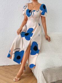 Vestidos Largos Casuales De Mujer Con Hombros Descubiertos, Estampado De Flores, Espalda Fruncida Y Abertura Alta,Vestido Con Estampado Floral, Hombros Descubiertos, Nudo En El Frente Y Abertura En El Muslo Para Mujer - Azul - Ver 6