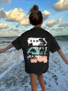 Tween Girl 棕榈树印花圆领短袖 T 恤，夏季上衣 - 黑色 - 查看 1