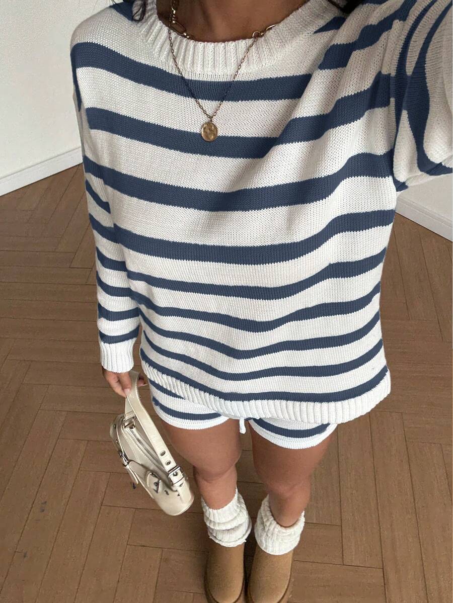 Women's Y2K Cute 2 Pieces Set Striped Color Long-Sleeve Knitted Sweater Top Shorts Waist Drawstring Suitable For Travel And Daily Wear Casual Sweater Matching Sets Woman Spring Autumn Outfits Clothes Back To School