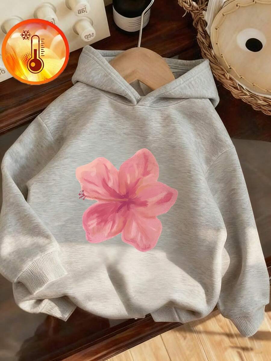 1 st. Tween Girl Casual Printed Pullover Hoodie Sweatshirt, Lös passform, Varmt termiskt foder, Höst/Vinter, Livfull och fantasifull design som inspirerar unga sinnen - Grå - Visa 1