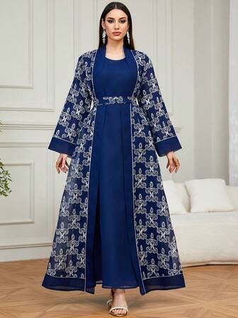 SISKAKIA 两件套奢华时尚刺绣长袍套装，含腰带，适合度假和日常穿着，四季皆宜。