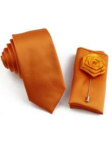 ZLQ&GOU 3pcs Orange Satin Men's Necktie Set, Includes Necktie, Handkerchief, Lapel Flower, 2.4" Width Tie Suitable For Casual Occasions - Orange - View 1