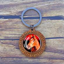 1pc Horse Wooden Keychain Horse Picture Glass Cabochon Keychain Wooden Jewelry Animal Key Pendant - Brown - View 9