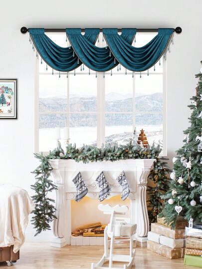 1 pieza Cortina elegante de color azul pavo real con cuentas y calado, de material de chenilla grueso en estilo europeo, adecuada para la decoración de ventanas y puertas de la sala de estar, dormitorio y cocina