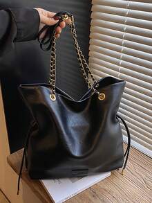 1 pièce Sac fourre-tout/seau en PU noir, avec anse en chaîne métallique, grande capacité, sac à main/épaule, style vintage élégant, convient pour le travail, les sorties, les achats décontractés et autres occasions, toutes saisons, idéal pour les femmes urbaines à la recherche de qualité et de mode - Noir - Voir 7