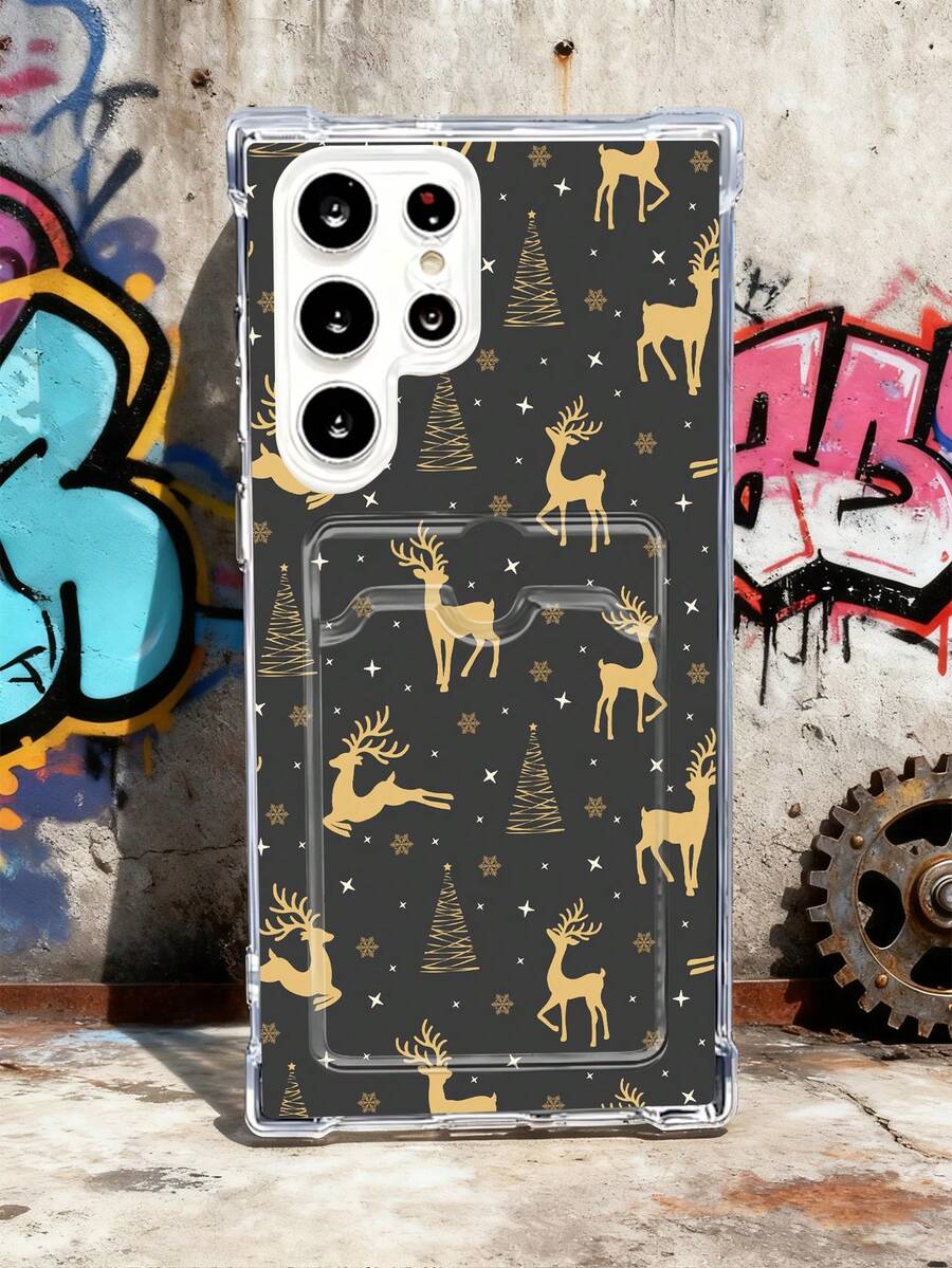 1 pieza Funda protectora, funda transparente para celular, con ranura para tarjeta, carcasa de TPU silicona anticaída "Carcasa con diseño de ciervos dorados y árboles navideños sobre fondo negro, estilo minimalista y elegante, ideal para mujeres, diseño ligero y resistente, regalo perfecto para Navidad" Compatible con Galaxy A21/A24/A25/A32/A34/A35/A54/A55, Galaxy S25/S24/S23/S22/S21 Ultra/Plus, Compatible con iPhone16/15/14/13/12/11/XS/XR/X/PLUS/PRO/PROMAX, agarre cómodo, regalo festivo para amigos, novia, novio, familia - transparente - Ver 1