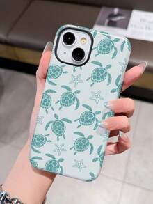 1pc Vacation Style Colorful Painted Line Turtle Pattern 2-In-1 Soft & Hard Case Compatible With IPhone 11/12/13/14/15/16/17 Pro Max