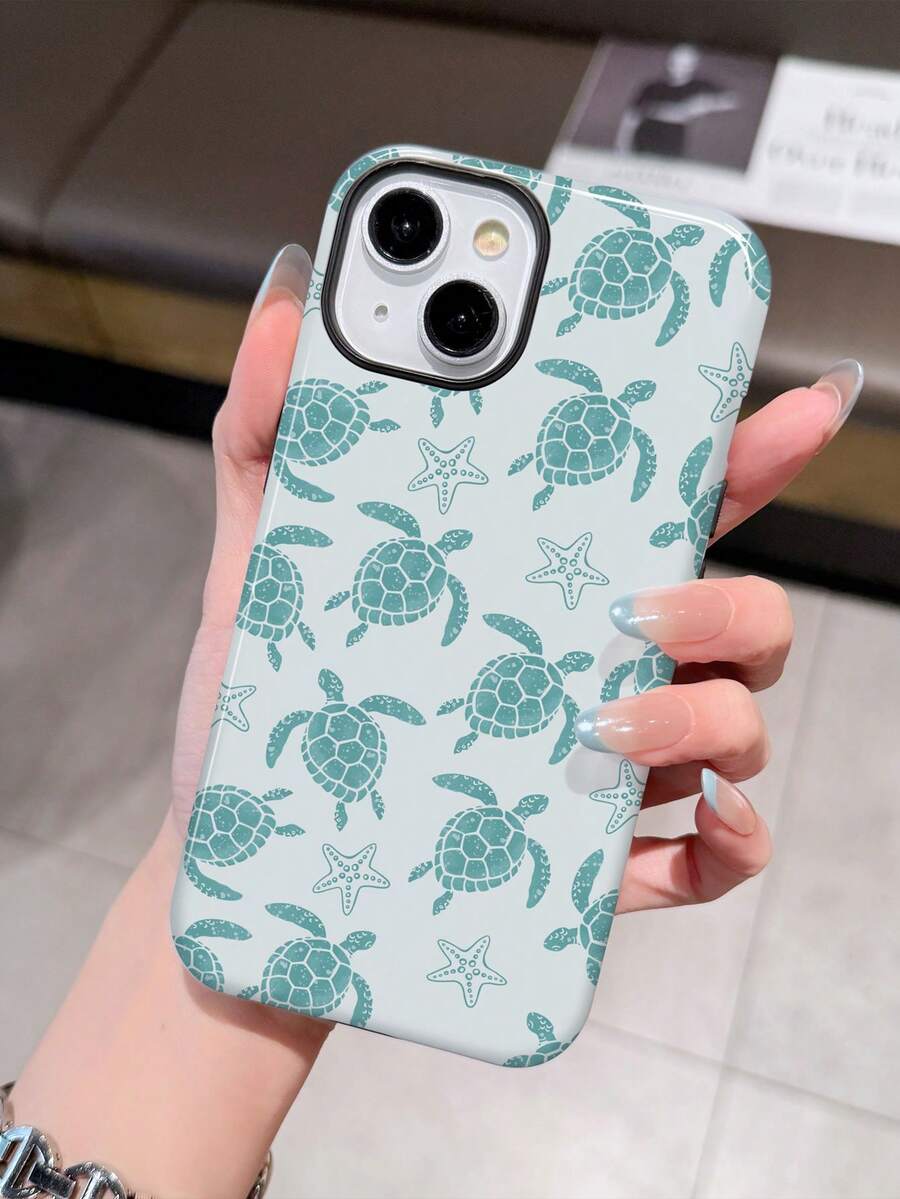 1pc Vacation Style Colorful Painted Line Turtle Pattern 2-In-1 Soft & Hard Case Compatible With IPhone 11/12/13/14/15/16/17 Pro Max