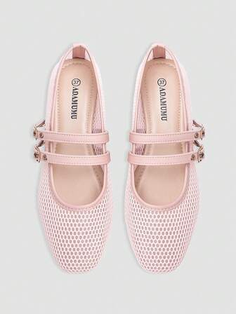 ADAMUMU Women's Fishnet Hollow-Out Ballet Flats, Lightweight Mesh, Two Elegant Buckles, Thoughtful Perforated Design, Comfortable & Breathable Fashion