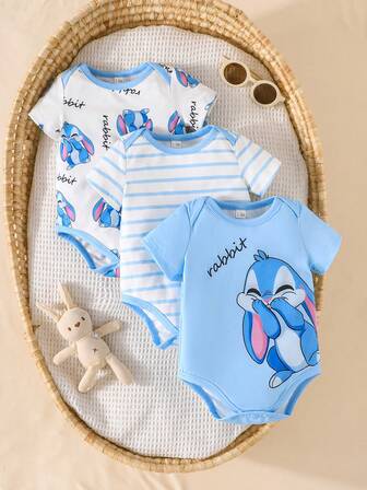3pcs/Set Newborn Baby Cute Rabbit Print Outdoor Casual Bodysuit, Short Sleeve Summer Bodysuit
