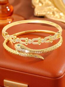 2pcs Gold Jewelry Set, Elegant & Fashionable Copper Bracelet With Delicate Pattern, Suitable As A Romantic Gift For Dates And Special Occasions - Gold - View 7