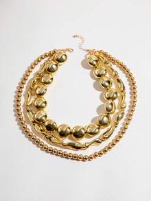 3pcs Minimalist Beaded Geometric Circle CCB Necklace Set, Fashionable Gold-Tone Necklace Set For Women, Suitable For Daily Wear And Holiday Gifts - 28366-gold - View 3