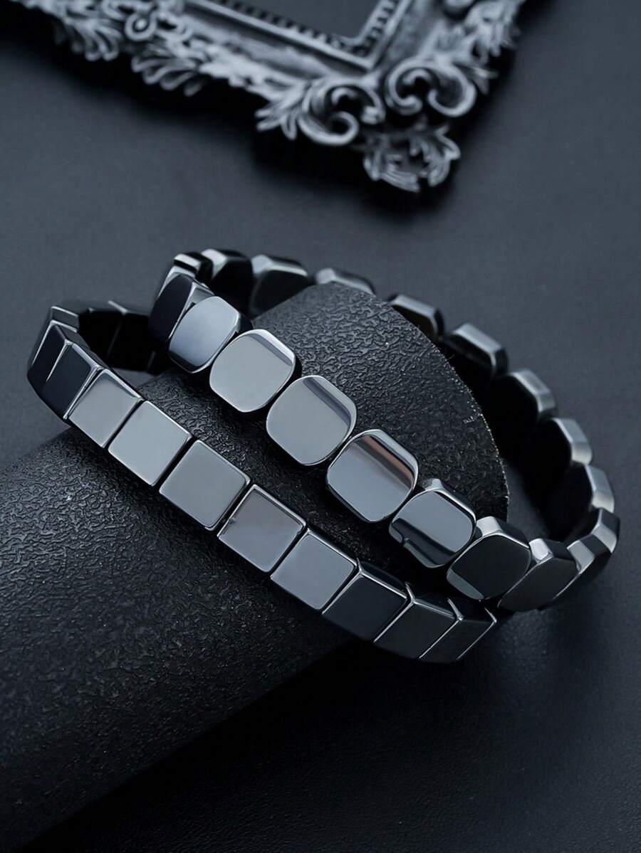 1pc Fashionable Vintage Black Stone Bracelet, Simple & Versatile Square Shaped Natural Stone Bracelet For Men, Casual Everyday Wear