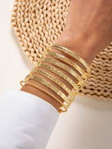 4pcs/5pcs/6pcs/7pcs/8pcs/9pcs/12pcs/14pcs/16pcs Set Minimalist Geometric Open Cuff Metal Creative Niche Personalized Jewelry Bracelet Set, Suitable For Daily Wear, Casual Gathering, Dating, Perfect Gift - Multicolor - View 5