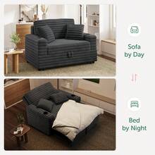 Gray Plush Corduroy Upholstered Couch 3-In-1 Convertible Pull-Out Sofa Bed Sleeper Loveseat With Reclining Backrest, Built-In Cup Holders For Small Space - Dark Grey - View 10