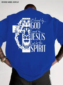 Men's Christian Religious Pattern T-Shirt - Bold Print On Back "God Bless - Jesus Praises - Holy Spirit Loves", Red Crew Neck Shirt, Suitable For Church, Casual Outfits, Machine Washable Gift, Street Fashion, Lion Face Design, Breathable Fabric, Comfortable Fit, Faith Clothing, Lightweight Short Sleeve Top, Street Style Enthusiasts - Unisex Plus Size Top - 藍色 - 查看 1