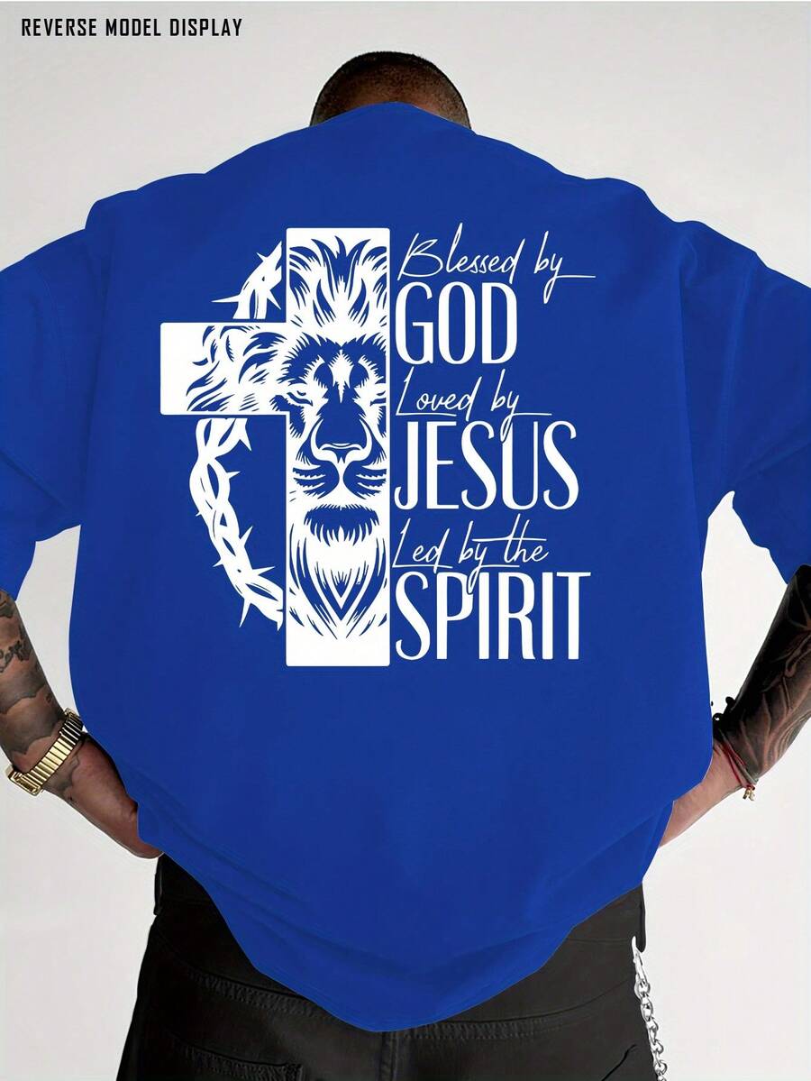 Men's Christian Religious Pattern T-Shirt - Bold Print On Back "God Bless - Jesus Praises - Holy Spirit Loves", Red Crew Neck Shirt, Suitable For Church, Casual Outfits, Machine Washable Gift, Street Fashion, Lion Face Design, Breathable Fabric, Comfortable Fit, Faith Clothing, Lightweight Short Sleeve Top, Street Style Enthusiasts - Unisex Plus Size Top - 藍色 - 查看 1
