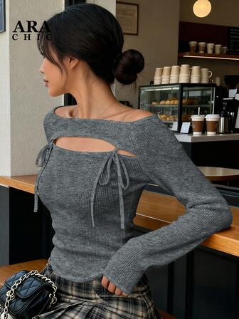 ARA CHIC 女士深灰色纯净迷人风格镂空吊带毛衣，甜美纯净迷人风格针织上衣，性感夜店装扮，冬季新款