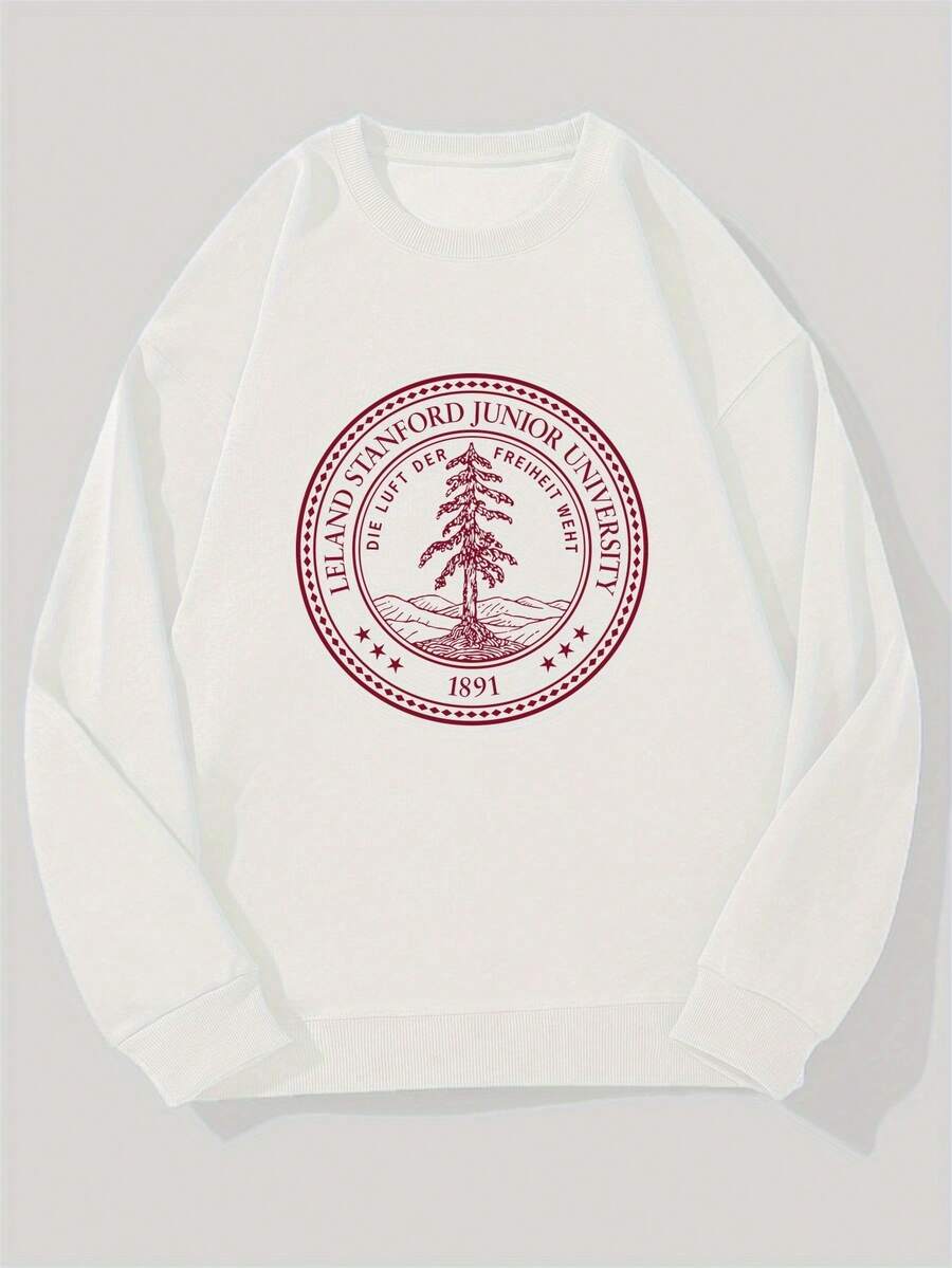 Sudadera para hombre con emblema de la Universidad de Stanford - Jersey blanco casual de cuello redondo con diseño gráfico rojo y negro, corte holgado, mangas largas, perfecta para ropa casual, ropa cómoda para el día a día| Sudadera de corte relajado| Ropa cómoda, ropa universitaria, sudadera de punto, sudadera con capucha para hombre, jersey para hombre - Blanco - Ver 1