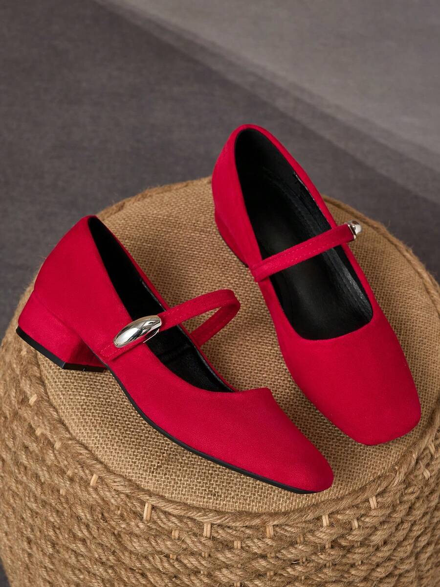 MonaNise Giày bệt Mary Jane mũi vuông cao 3cm dành cho nữ, màu đỏ, thích hợp cho tiệc tùng, ăn tối, phong cách cổ điển, giày lười thời trang thường ngày - Đỏ - Xem 1