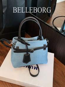 BELLEBORG Bolso de mano cuadrado pequeño de mujer versátil, elegante y casual, de lona y cuero con hebilla, en color de contraste y estilo vintage