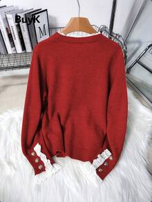 [Tops] BuyK Elegant Lace Trim Crew Neck Long Sleeve Knit Sweater For Women, Fashionable Gold Button Decor Blouse - Red - View 2