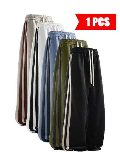 Men's Casual Drawstring Waist Loose Straight Leg Pants With Side Stripe Details, Streetwear Style, Versatile For Daily Wear And Campus Strolling, Spring And Autumn