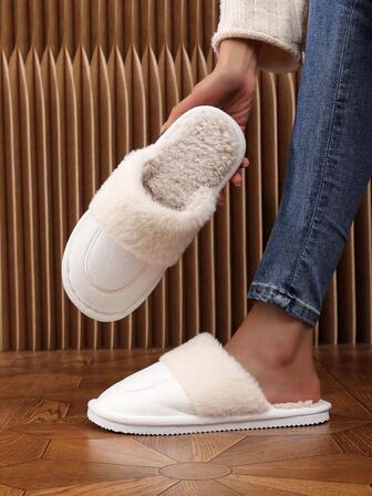 女士毛绒休闲拖鞋，保暖内衬，适合海滩、居家、四季穿着