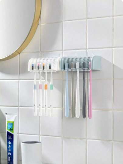 1个5格自粘式牙刷架，带盖，防尘壁挂式浴室收纳架 - 无需钻孔，可放置5支牙刷