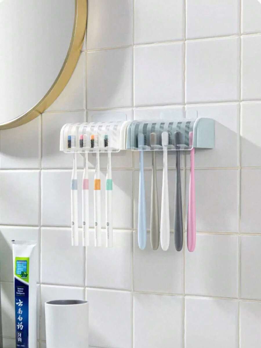 1个5格自粘式牙刷架，带盖，防尘壁挂式浴室收纳架 - 无需钻孔，可放置5支牙刷